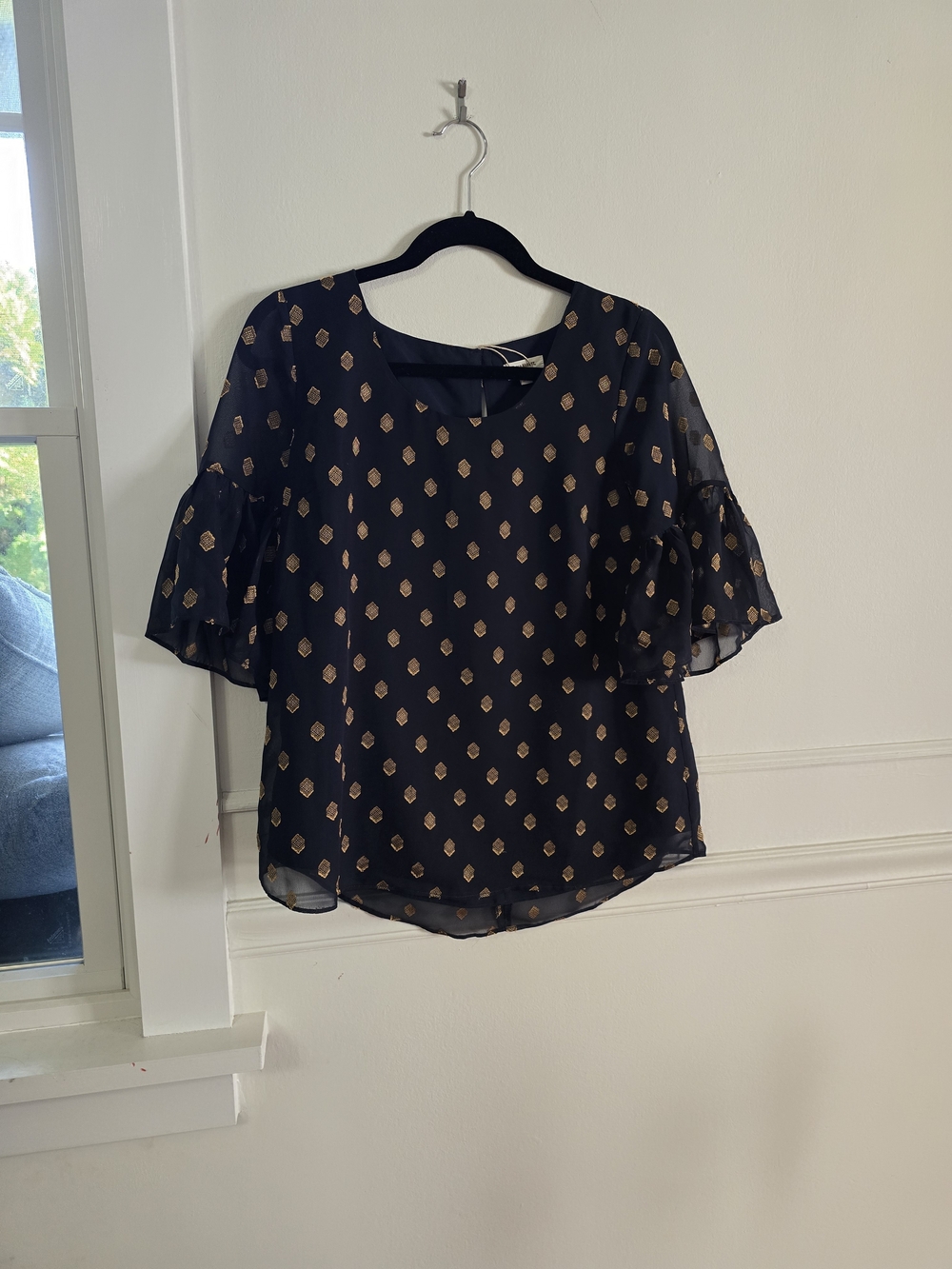 NCost Plus World Market Navy Blue Blouse with Gold Dot Print and Flutter Sleeves